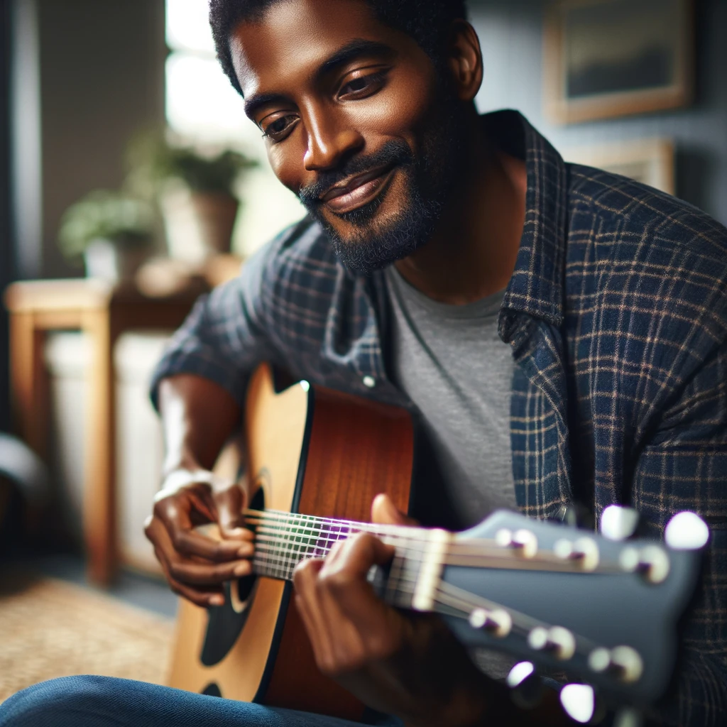 ortrait of a Black man sitting comfortably in a cozy home setting, playing an acoustic guitar. He has a relaxed, focused expression with a warm smile, indicating a deep connection with the music. The background is a homely living room with soft lighting and decor, emphasizing a casual, genuine atmosphere. His attire is simple and unpretentious, embodying a natural and authentic lifestyle.